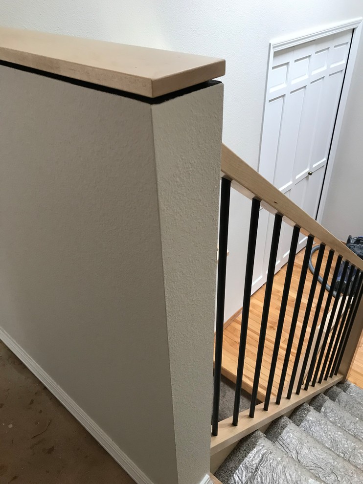 Foto de escalera en U minimalista de tamaño medio con escalones enmoquetados, contrahuellas enmoquetadas y barandilla de varios materiales