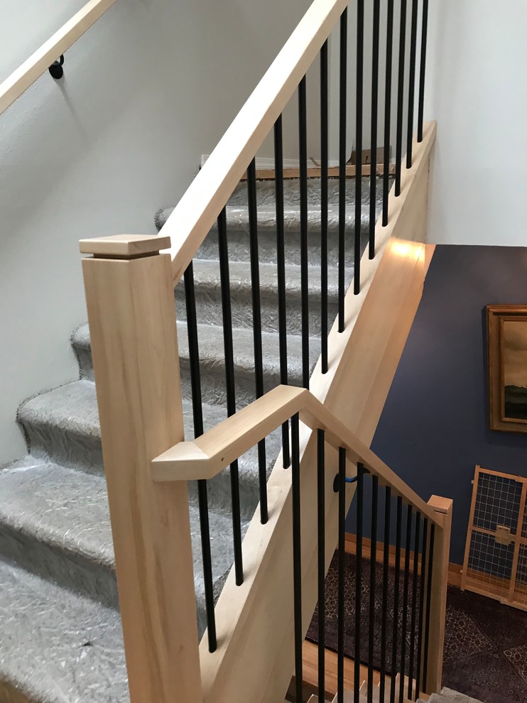 На фото: п-образная лестница среднего размера в стиле модернизм с ступенями с ковровым покрытием, ковровыми подступенками и перилами из смешанных материалов