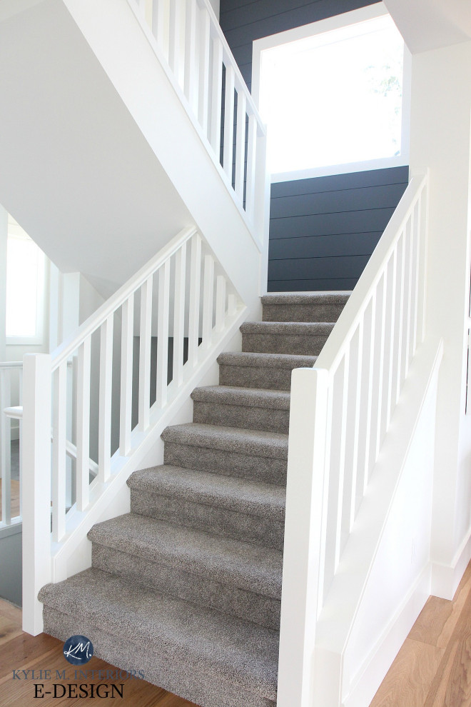 На фото: п-образная лестница среднего размера в стиле неоклассика (современная классика) с ступенями с ковровым покрытием, ковровыми подступенками, деревянными перилами и стенами из вагонки