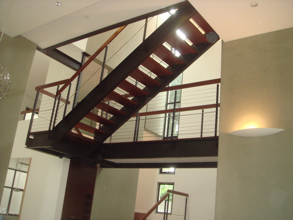 Example of a mid-sized trendy wooden straight open and wood railing staircase design in Los Angeles
