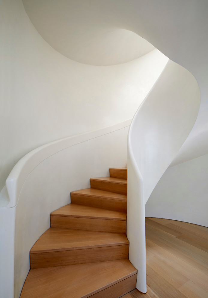 Идея дизайна: изогнутая деревянная лестница в современном стиле с деревянными ступенями