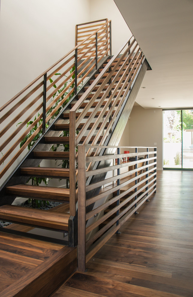 Photo of a medium sized modern wood straight wood railing staircase in San Francisco with open risers.
