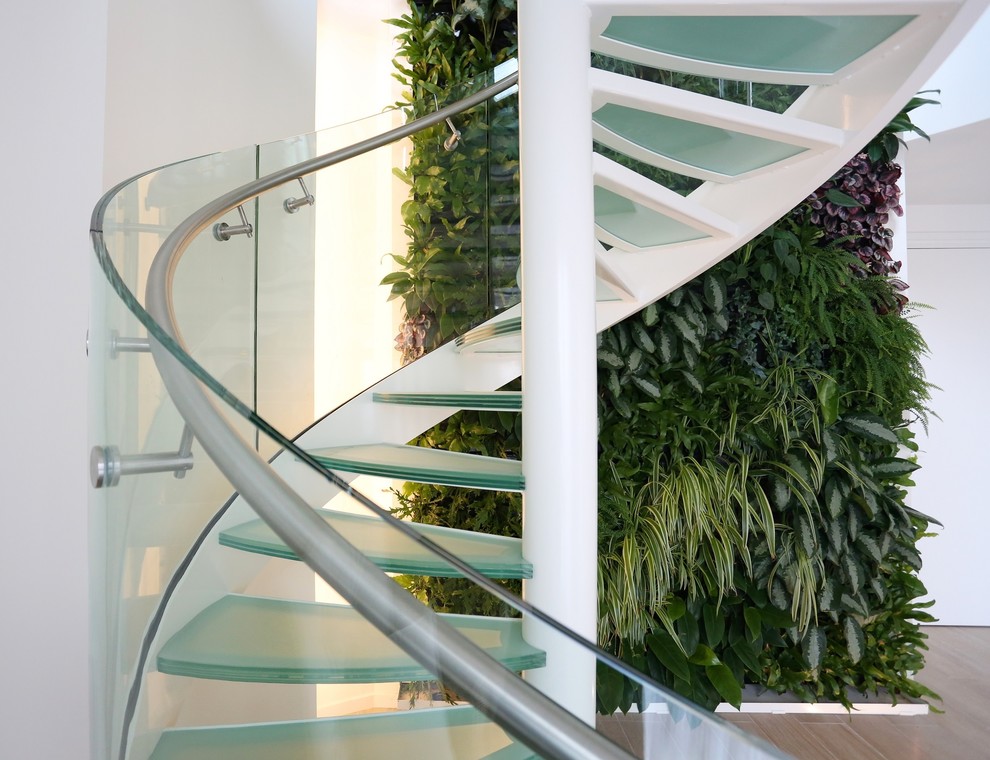 Réalisation d'un escalier hélicoïdal minimaliste de taille moyenne avec des marches en verre et des contremarches en métal.