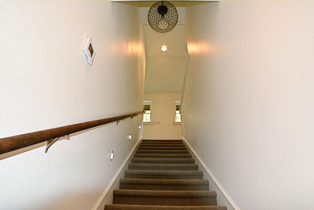 Cette image montre un escalier droit craftsman de taille moyenne avec des marches en moquette, des contremarches en moquette et un garde-corps en bois.