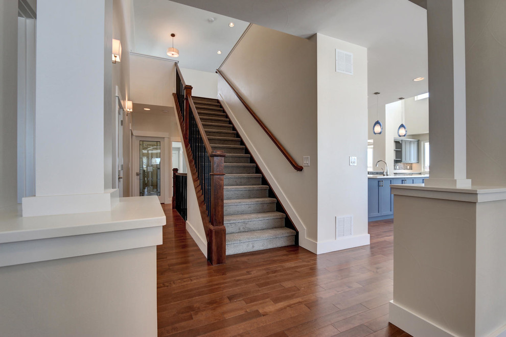 Staircase - mid-sized craftsman carpeted straight staircase idea in Denver with carpeted risers