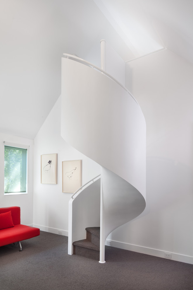Exemple d'un petit escalier hélicoïdal chic avec des marches en moquette, des contremarches en moquette et éclairage.