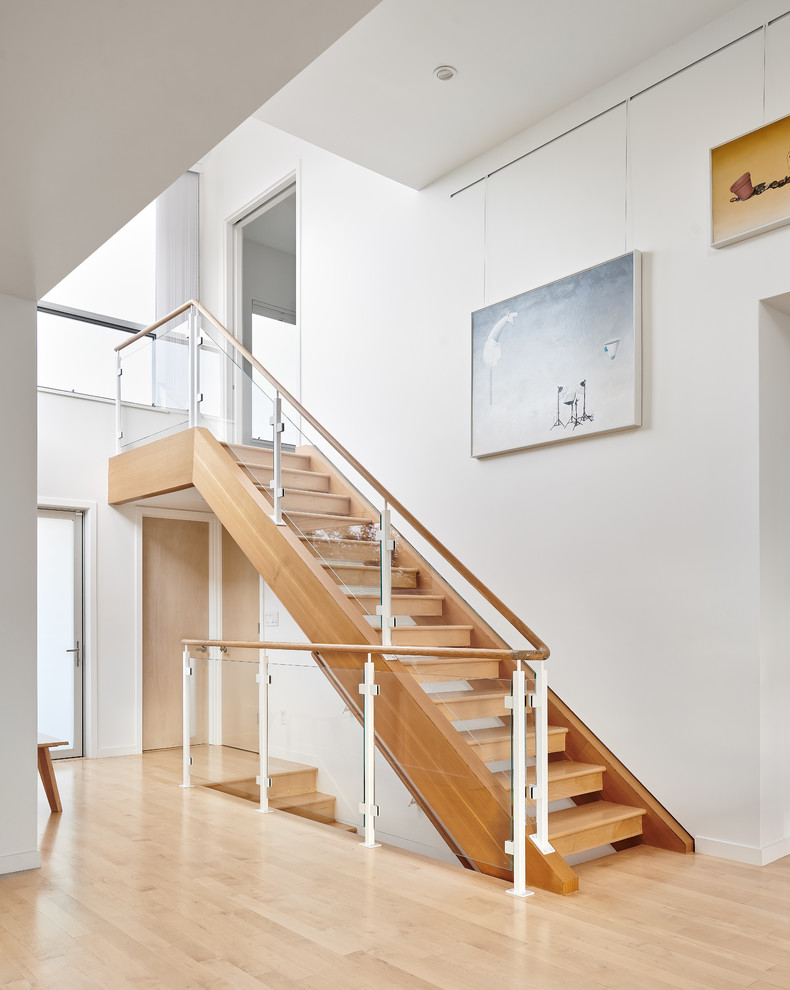 Exemple d'un grand escalier sans contremarche droit moderne avec des marches en bois.