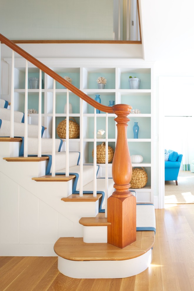 Inspiration for a wood staircase in Boston with wood risers.