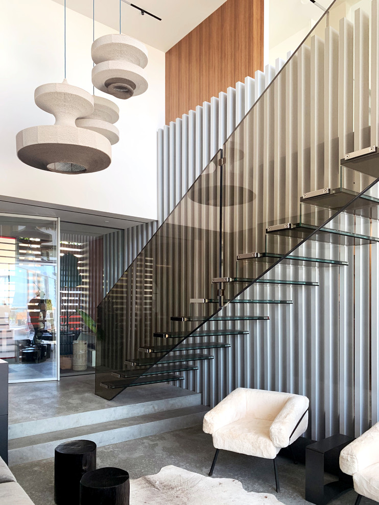 Staircase - contemporary floating open and glass railing staircase idea in San Francisco