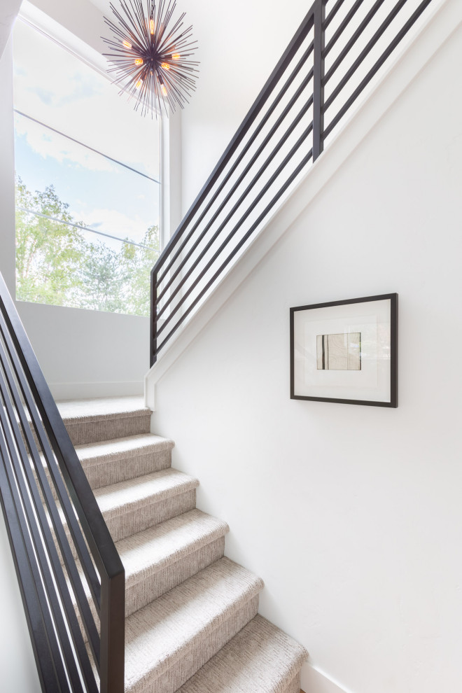 Idée de décoration pour un escalier minimaliste en U avec des marches en moquette, des contremarches en moquette et un garde-corps en métal.