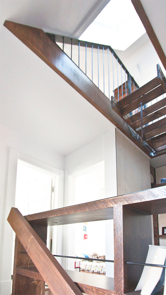 Example of a mid-sized trendy wooden straight open staircase design in Calgary