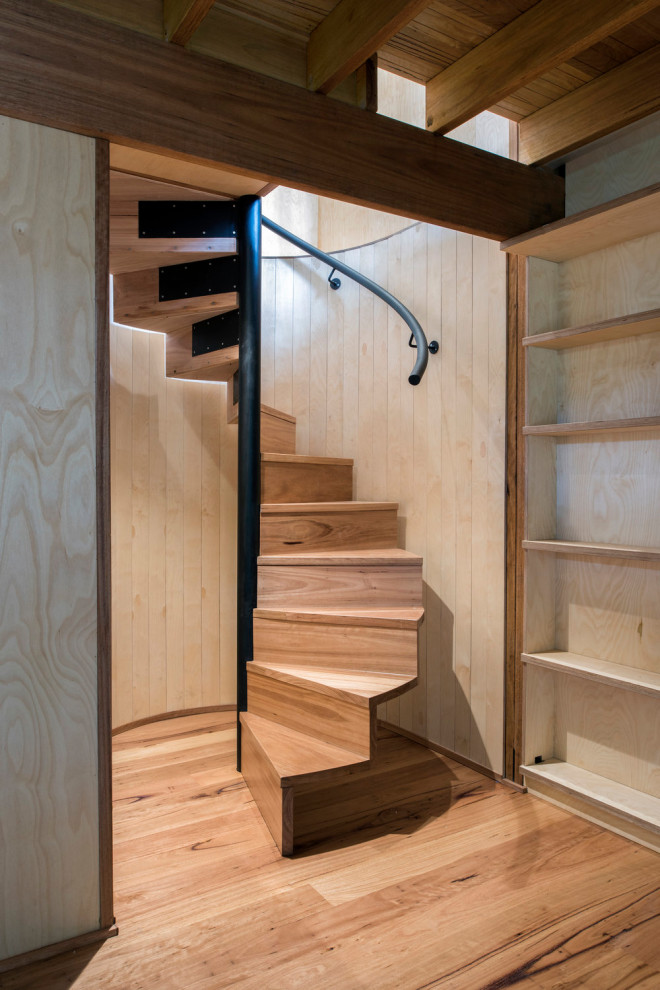Mittelgroße Moderne Treppe mit Holz-Setzstufen und Stahlgeländer in Sydney