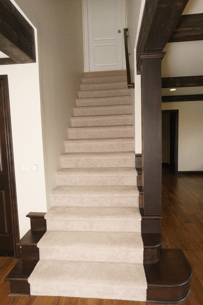 Idée de décoration pour un escalier droit tradition de taille moyenne avec des marches en moquette et des contremarches en bois.