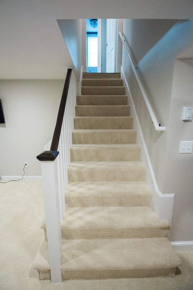Inspiration for a mid-sized timeless carpeted straight staircase remodel in Boston with carpeted risers