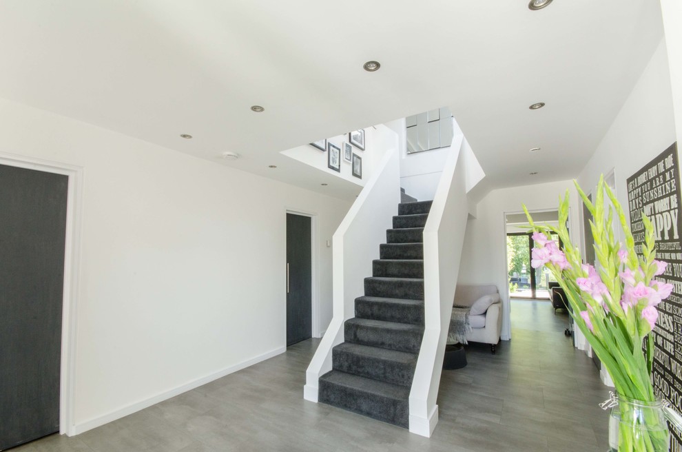 Пример оригинального дизайна: лестница в современном стиле с ступенями с ковровым покрытием и ковровыми подступенками