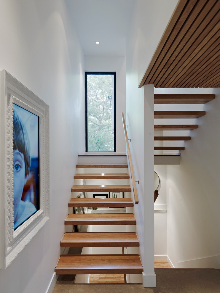 Идея дизайна: п-образная лестница среднего размера в современном стиле с деревянными ступенями без подступенок