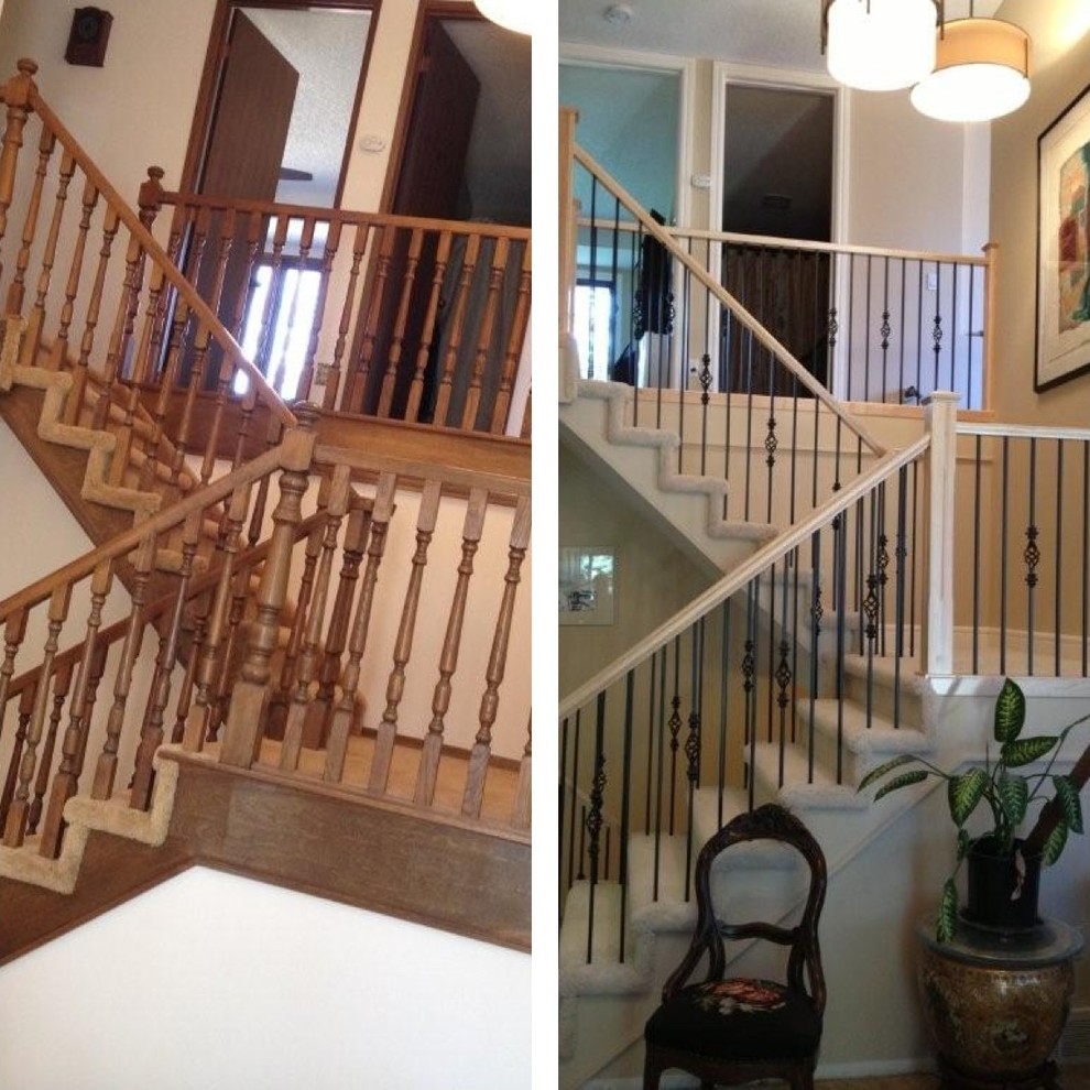 BEFORE AND AFTER Traditional Staircase Calgary by Spindle