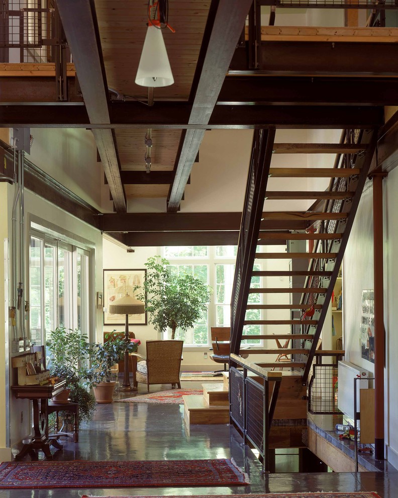 Inspiration for an industrial open staircase remodel in Boston
