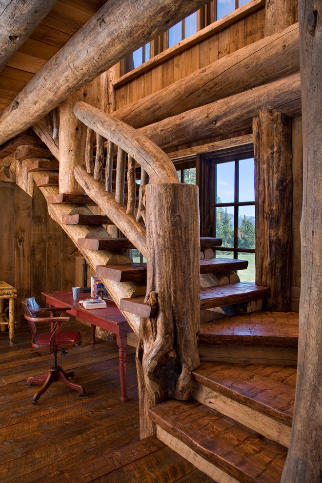 Пример оригинального дизайна: прямая лестница в стиле рустика с деревянными ступенями без подступенок