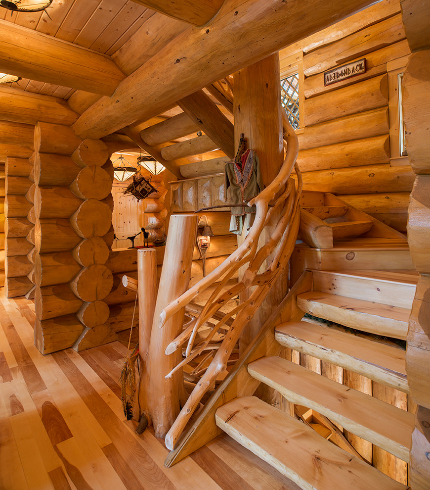 Diseño de escalera rural con escalones de madera