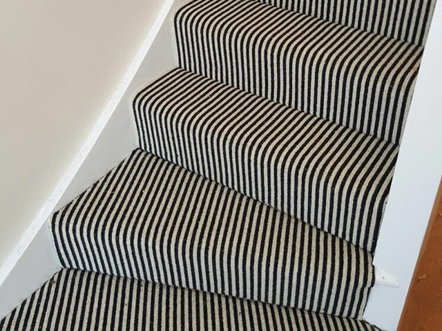 Black \u0026 White Striped Carpet to Stairs 