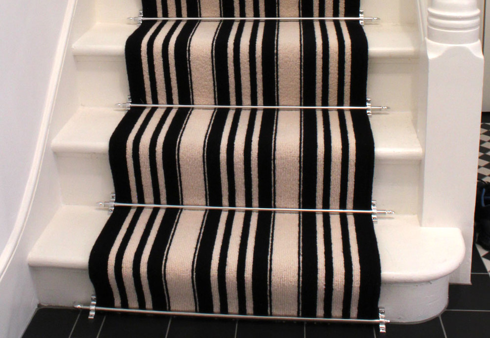 Black & White Striped Wool Carpet to Stairs Contemporary Staircase