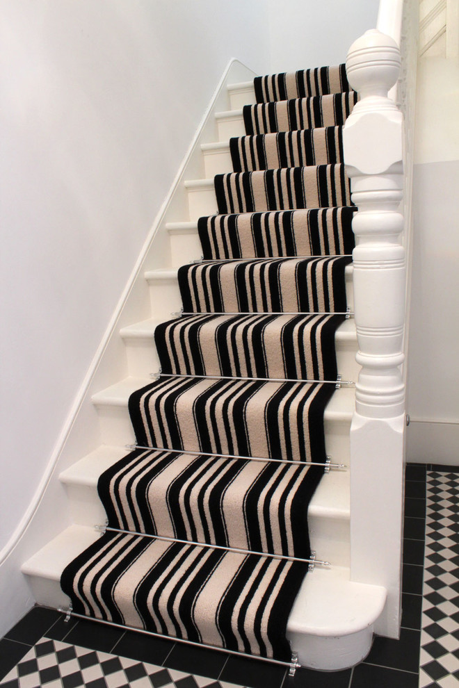 Black & White Striped Wool Carpet to Stairs Contemporary Staircase