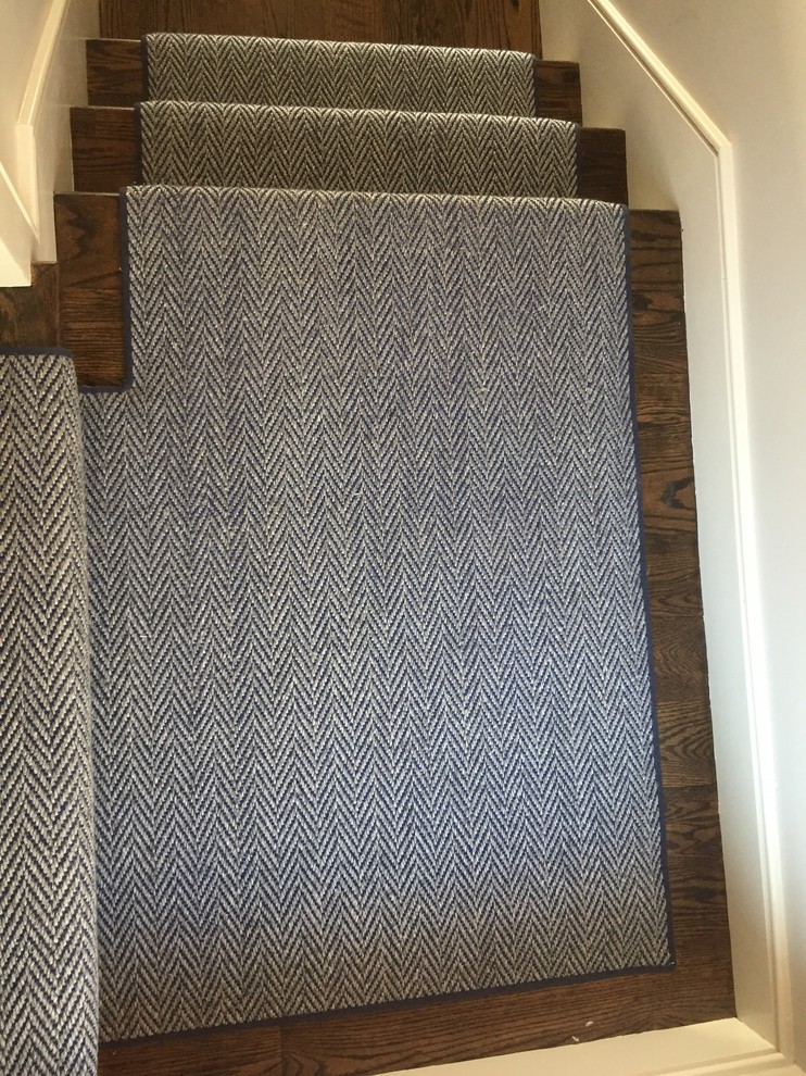 Blue and Charcoal Herringbone Stair Runner Staircase Boston by