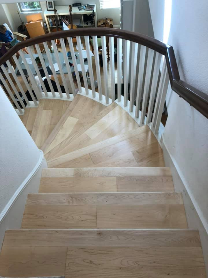Exemple d'un grand escalier courbe tendance avec des marches en bois, des contremarches en bois et un garde-corps en bois.