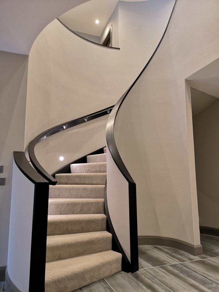 Idéer för en modern svängd trappa, med heltäckningsmatta, sättsteg med heltäckningsmatta och räcke i trä