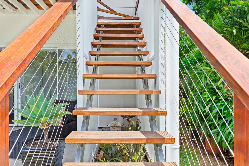 Staircase - large modern wooden straight open and wood railing staircase idea in Brisbane