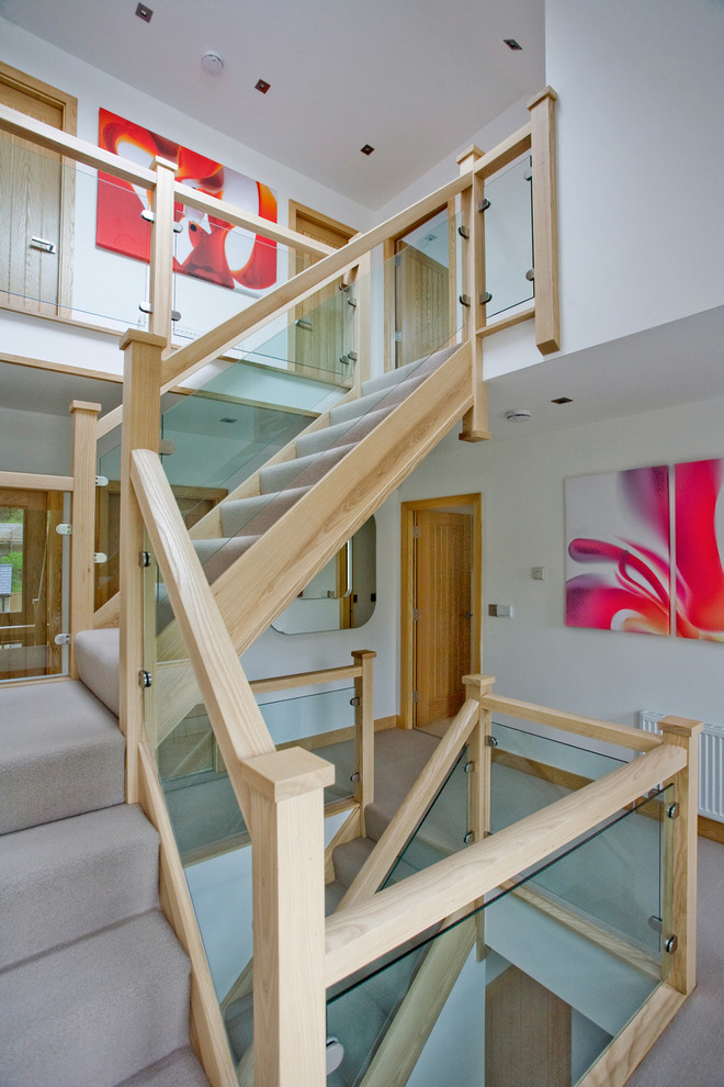 Photo of a modern carpeted straight staircase in Other with carpeted risers.