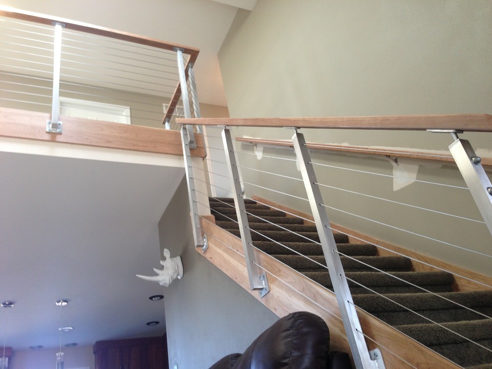 Exemple d'un escalier droit tendance de taille moyenne avec des marches en moquette et des contremarches en moquette.