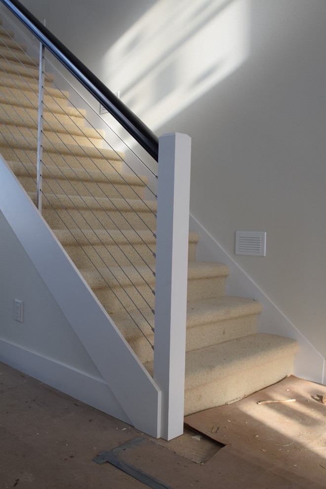This is an example of a medium sized contemporary carpeted straight staircase in Other with carpeted risers.