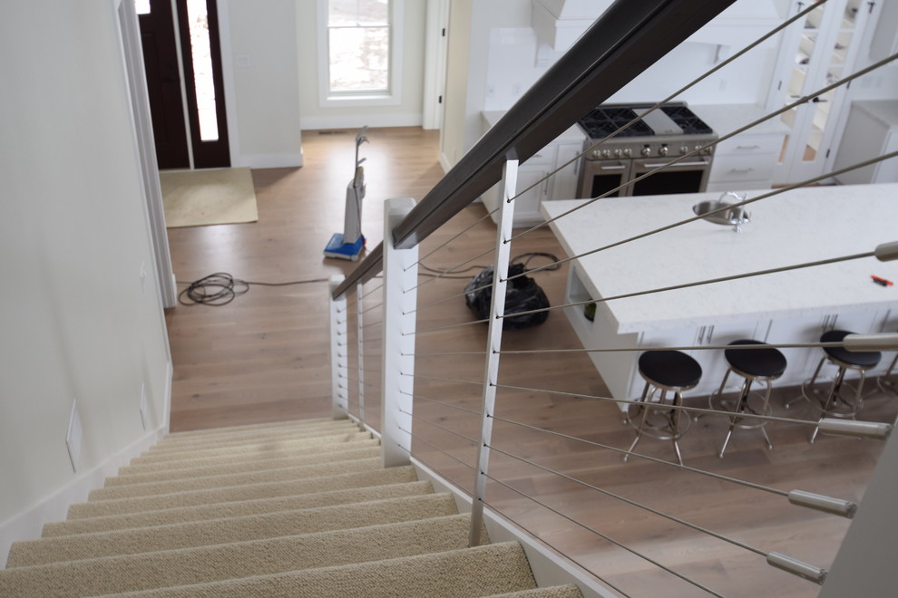 Идея дизайна: прямая лестница среднего размера в современном стиле с ступенями с ковровым покрытием и ковровыми подступенками