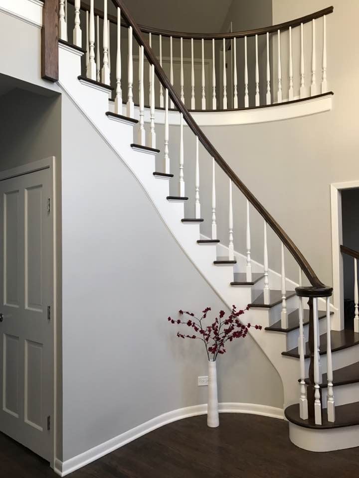 На фото: изогнутая лестница среднего размера в стиле неоклассика (современная классика) с деревянными ступенями, крашенными деревянными подступенками и деревянными перилами