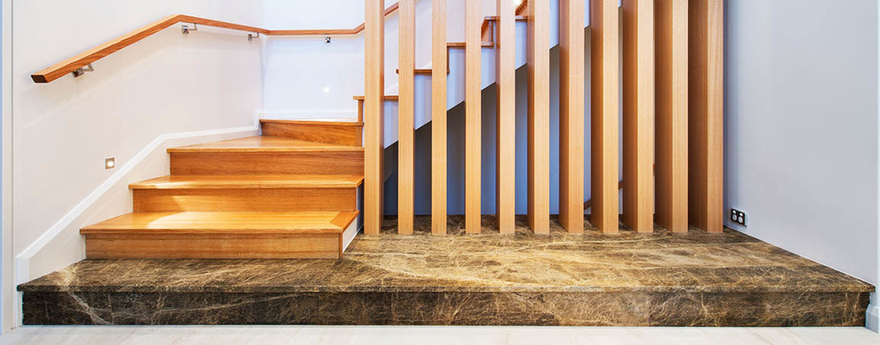 Inspiration for a contemporary wooden staircase remodel in Perth with wooden risers