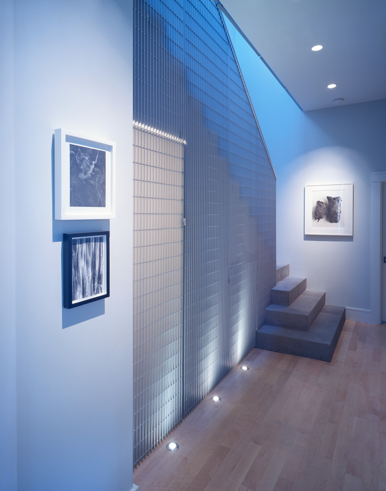 Imagen de escalera minimalista de tamaño medio con escalones de hormigón, contrahuellas de hormigón y barandilla de metal
