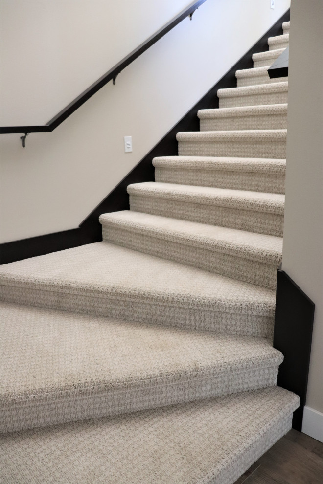 Carpeted staircase photo in Other with carpeted risers