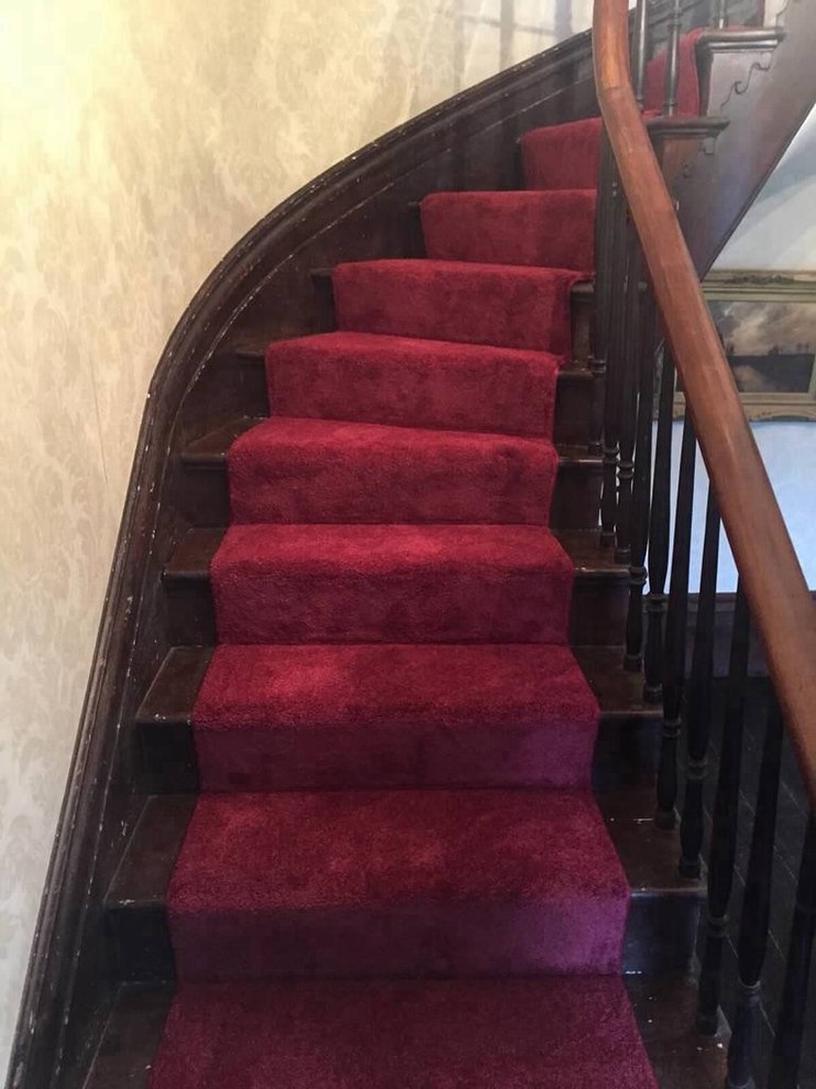 Mid-sized ornate carpeted curved wood railing staircase photo in Philadelphia with wooden risers