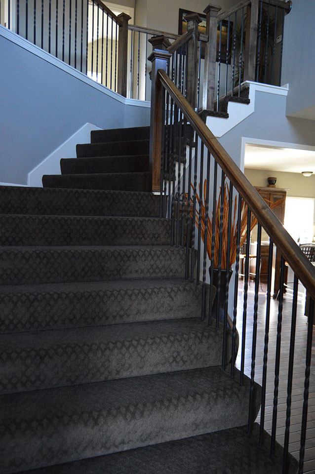 Cette image montre un escalier avec des marches en moquette.