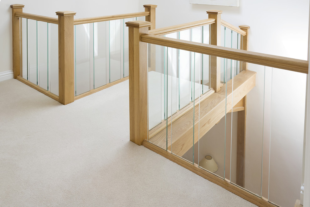 Идея дизайна: изогнутая лестница среднего размера в современном стиле с ступенями с ковровым покрытием, ковровыми подступенками и перилами из смешанных материалов