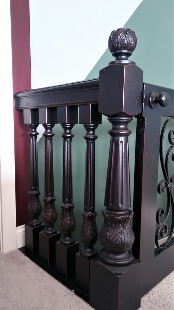 Design ideas for a victorian carpeted straight wood railing staircase in Other with carpeted risers.