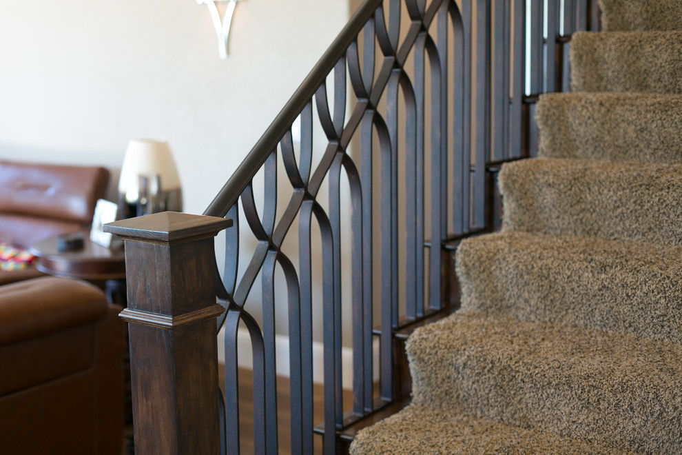 Staircase - large coastal carpeted staircase idea in San Francisco with carpeted risers