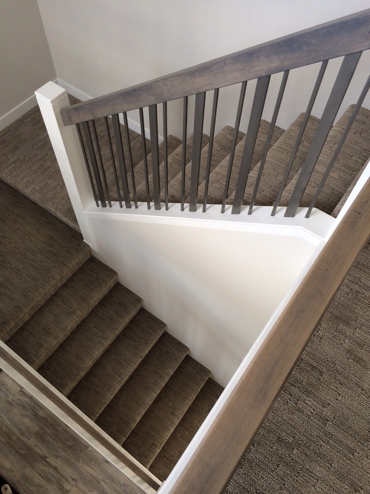 Пример оригинального дизайна: п-образная лестница среднего размера в стиле неоклассика (современная классика) с перилами из смешанных материалов, ступенями с ковровым покрытием и ковровыми подступенками