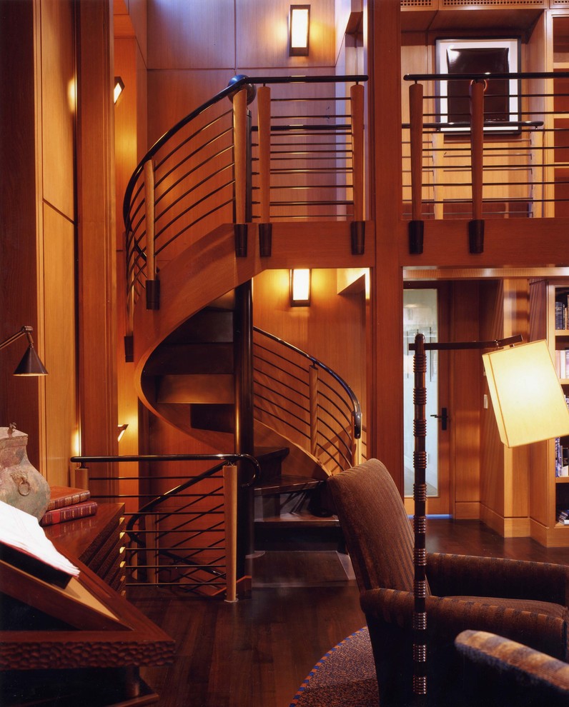 Minimalist wooden spiral staircase photo in San Francisco