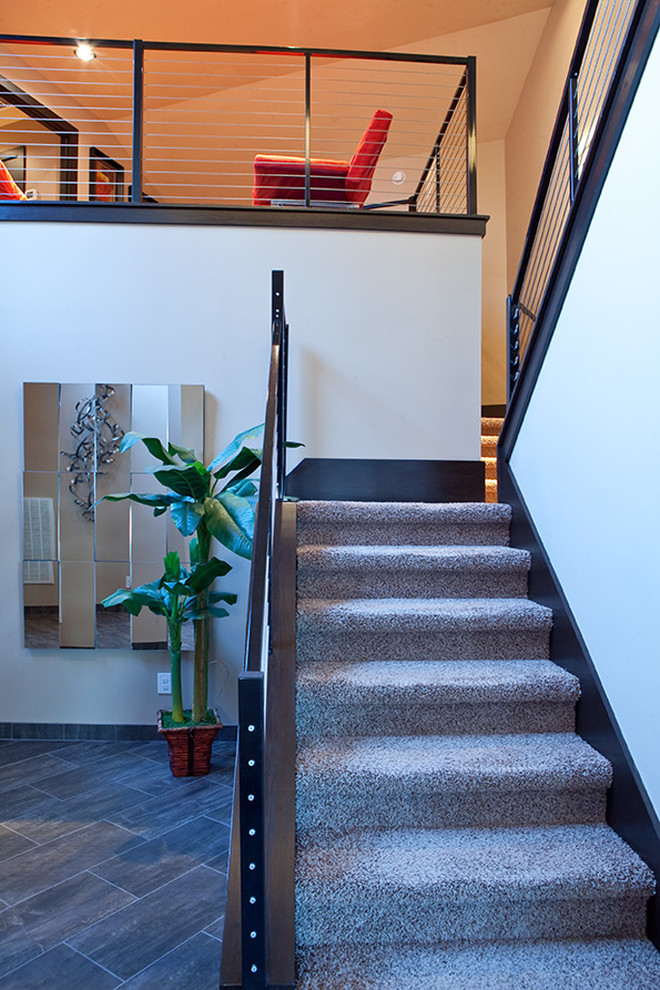 Источник вдохновения для домашнего уюта: угловая лестница среднего размера в современном стиле с ступенями с ковровым покрытием и ковровыми подступенками
