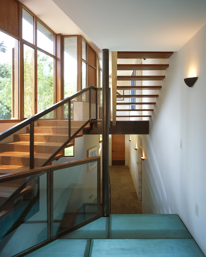 Inspiration for a medium sized contemporary wood straight staircase in Boston with wood risers.