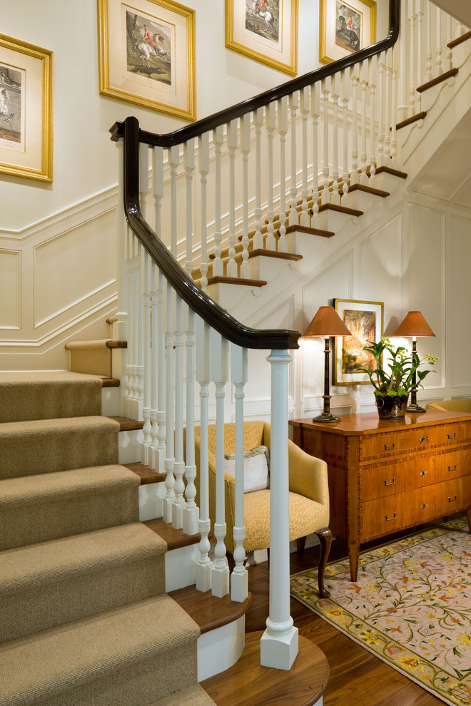 Inspiration for a classic wood staircase in Denver with feature lighting.