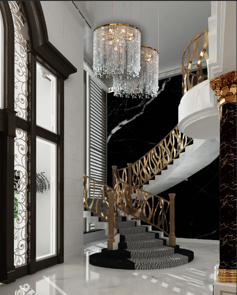 Пример оригинального дизайна: огромная п-образная металлическая лестница в стиле фьюжн с металлическими ступенями